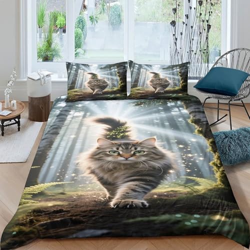 CHUIYUFULAN Norwegian Forest Katze Bettbezug Set Bettwäsche Kinderbettwäsche Reißverschluss Mit Kissenbezügen, Betten Set Für Jungen Und Mädchen, Kinder Double?200x200cm?