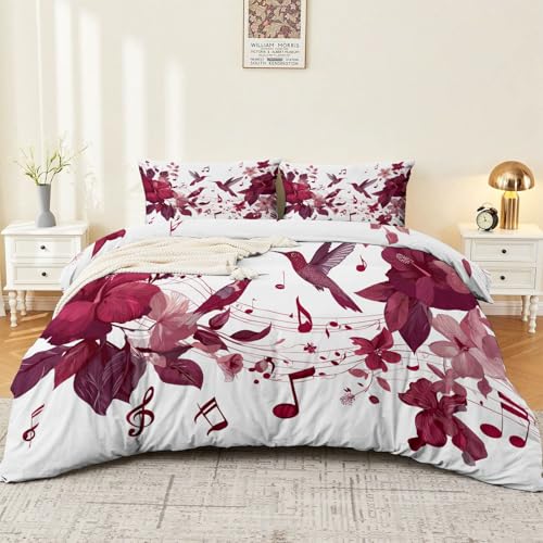 Bettwäsche-Sets 220 x 240 cm Bettbezug Mikrofaser Weich Aquarell Blumen Vögel Noten Muster Wende Bettwäsche Set Bettbezug mit Reißverschluss und 2 Kissenbezug 80x80 cm, Weinrot