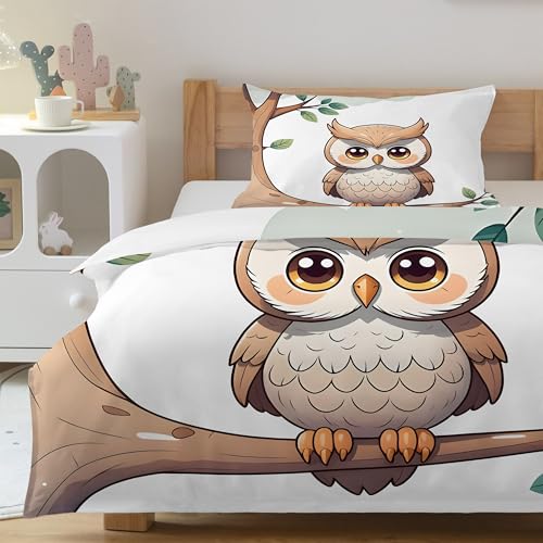 CCZM Eule Bettwäsche 135x200 - Vogelzweig Bettbezug 135 x 200 - Grüne Blätter Frühlingseule Wendebettwäsche und 2 Kissenbezug 80x80, Warm Mikrofaser Bettwäsche-Sets mit Reißverschluss, Y-586