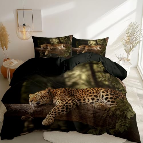 Bettwäsche 155 x 200 cm 3teilig, Wald Tiere Leopard Bedrucktes Weiche Atmungsaktiv Mikrofaser Schwarz Reversibel Bettbezug mit Reißverschluss, Für Teenager Kinder Bettbezug