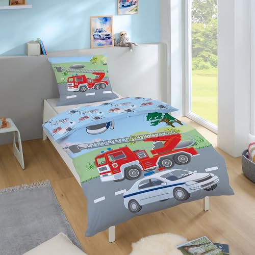 Familando Kinderbettwäsche Polizei Feuerwehr Motiv aus 100% Baumwolle · Bettwäsche Wende Motiv und Reißverschluss · Bett bezug 135x200 cm · Kopfkissen bezug 80x80 cm · 100% Baumwolle