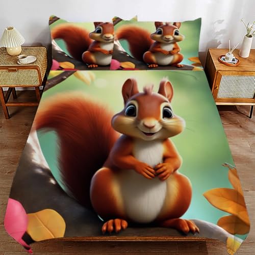 ZHDEDSP 3D Niedliches Eichhörnchen Bettwäsche-Set, 2-teilig, Mikrofaser Bettbezug135x200cm mit 1 Kissenbezügen 80x80 cm, Orange-Grün Waldmotiv