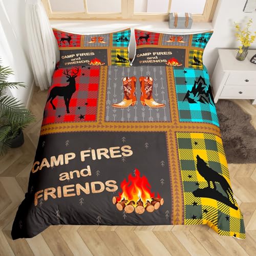 richhome Camper Abenteuer Kinder Bettbezug Set 135x200,Deer Wolf Pfeile Geometrische Bettwäsche Set, Cowboystiefel Rustikale Bauernhaus Tröster Abdeckung, Retro Quilt Cover,1 Kissenbezug