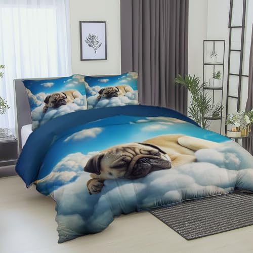 Bettbezug bettwäsche wendbar Verträumter süßer Mops Sets,100% mikrofaser atmungsaktiv Dunkelblau 3 teilig Sets,für Kinder Erwachsene Jugendliche 240 x 220 cm mit reißverschluss