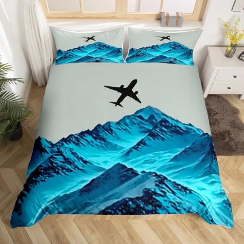 Homewish Schneeberg Bettbezug 135x200 für Erwachsene Teenager,Kinder Flugzeug Bettwäscheset für Jungen,Natur Landschaft Berg Landschafts Druck Bettwäsche Schwarz Wendbar Moderne Zimmerdekor Weich