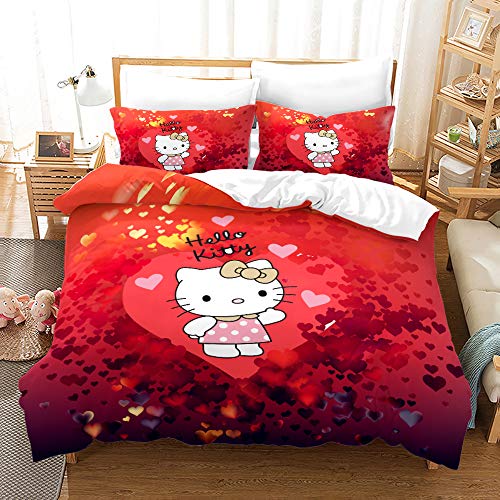 NICHIYOBI Hello Kitty Bettbezug Bettwäsche Set - Bettbezug und Kissenbezug,Mikrofaser,3D Digital Print dreiteiliger Bettwäsche (7,Doubie 200 * 200cm+80 * 80cm)