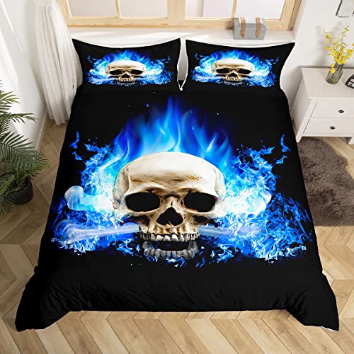 Totenkopf Bettbezug Set 135x200cm Totenkopf Muster Bettwäsche Set Digitaldruck Knochen Skelett Bettbezug Set mit 1 Kissenbezügen, Gothic Mikrofaser Reißverschluss Blaue Flamme Druck Bettwäsche