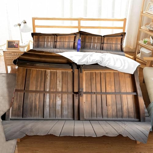 Bettwäsche 155x220 Vintage Scheunentor Bettbezug 3D Druck Landhausstil Bettbezüge Kuschelig Weich Mikrofaser Deckenbezug 155x220 cm mit Reißverschluss + 2 Kissenbezüge 80x80 cm D-4582