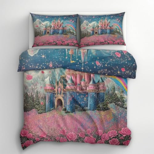 SJSXWQN Bettwäsche 155x220 Prinzessin Schloss Bettwäsche-Set mit Reißverschluss Schließung für Kinder Jugendliche Weicher Atmungsaktive Mikrofaser Bettbezug + 2 Kopfkissenbezug 80x80 cm