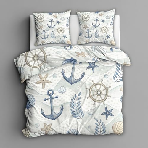 Bettwäsche 155x220 Nautische Wende Motiv 2tlg, Schlafzimmer Deko, Küste Ankers Rudern Seestern Meer Ozean Bettbezug und 1 Kissenbezug 80x80, Weiche Mikrofaser Deckenbezug mit Reißverschluss -k347