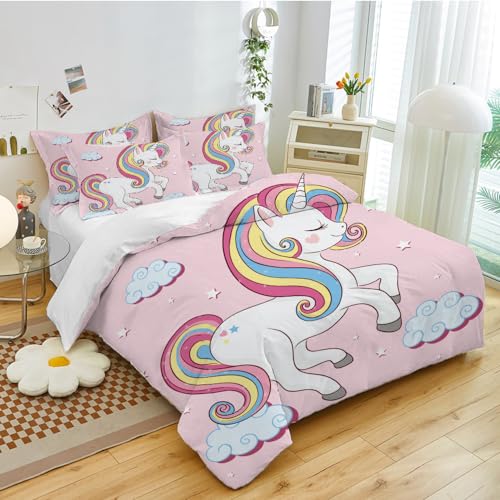 CIUNVXD 3 Teilig Kinder Rosa Cartoon Einhorn Bettbezüge Set,Niedliches Einhorn,Regenbogen Einhorn Bettbezug für Jungen Mädchen (B, 135x200cm)