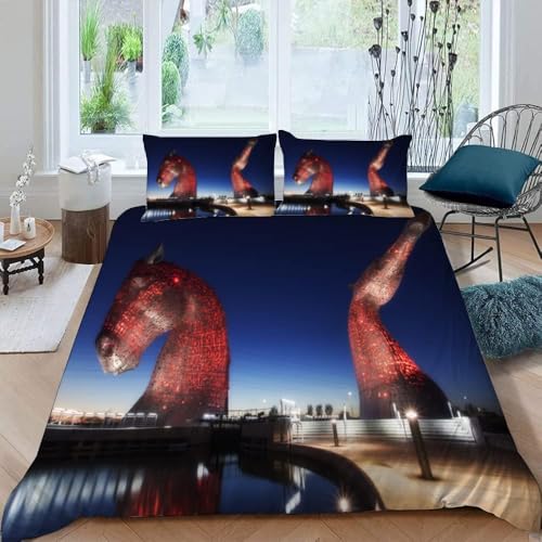 Leuchtturm Horse Head Bettwäsche 200x220 Nachtansichten Bettwäsche-Sets für Mädchen Jungen Kinder Weiche Mikrofaser 3D Drucken Bettbezug mit Reißveschluss und 2 Kissenbezüge 1168.B