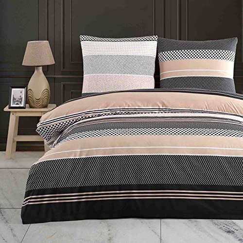 Buymax Bettwäsche 135x200 Baumwolle 2-Teilig Bettgarnitur mit Bettbezug und Kissenbezug 80x80 Renforce Zickzack Muster Chevron Gestreift Bettwäsche-Set, Beige Schwarz