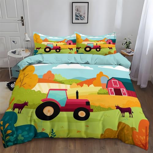 Bettwäsche 155 x 220 cm 3teilig Bettbezug, Wendebettwäsche Bedding Blau Cartoon Süß Bauernhof Traktor mit Reißverschluss, Weich, Bügelfrei und hypoallergen