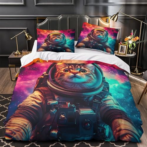 XCBAKZOEY Weltraumkatzen-Astronaut 3D Bedruckt Deckenbezug 3teilig Mikrofaser atmungsaktiv Fantasy-Weltraumabenteuer Bettdeckenbezug 2 Kissenbezüge maschinenwaschbar Familie Gäste (135x200cm)