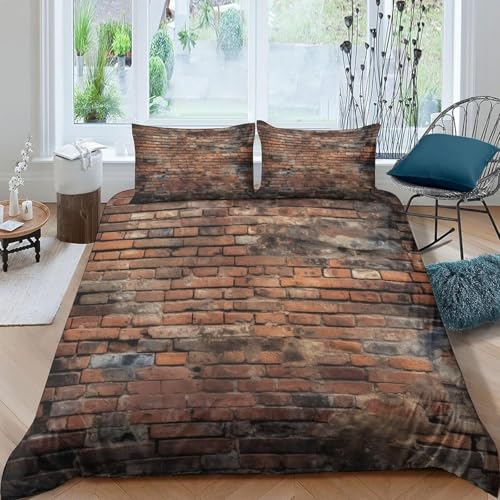 Ziegelmauer Bettwäsche 140x200 Landhausstil Bettwäsche-Sets für Mädchen Jungen Kinder Weiche Mikrofaser 3D Drucken Bettbezug mit Reißveschluss und 2 Kissenbezüge P-2082