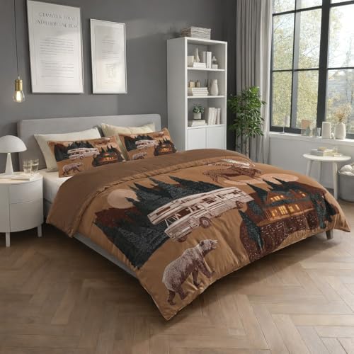 Bettwäsche 200 x 200 cm 3teilig Braun - Bettbezug 200 x 200 cm 2er Set mit Kissenbezüge 80x80 cm Atmungsaktiv Leicht Anti-Pilling bettwäsche mit Reißverschluss Vintage Tiere Elch