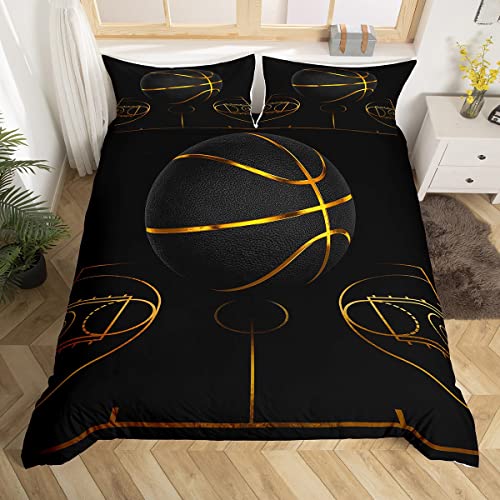 Loussiesd Teens Basketball Bettwäsche Jungen Sport Bettbezug Basketball Arena Bettwäsche 135x200cm Teenager Golden Schwarzer Ball Spiele Bettwäsche Set Kinder Cool Moderne Dekor mit 1 Kissenbezug