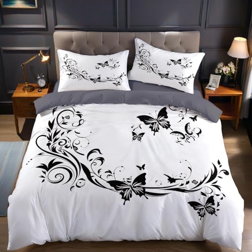 Schwarz Bettwäsche 180 x 200 cm Abstrakte Pflanzen und Schmetterlinge 3 teilig Mikrofaser Bettwäsche Set für Erwachsene Kinder mit 2 Kissenbezüge 80 x 80 cm