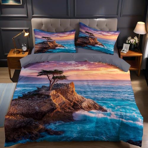 Grünes Meer Bettwäsche 140x200 Riffe und Bäume Bettwäsche-Sets für Mädchen Jungen Kinder Weiche Mikrofaser 3D Drucken Bettbezug mit Reißveschluss und 2 Kissenbezüge 2607.B