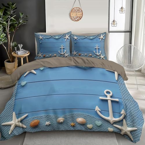 Nautisches Thema Bettwäsche Set 2 Teilig - Hellblau Seestern Anker Fischernetz Muster Wendebettwäsche, 1 Bettbezug 135x200cm und 1 Kissenbezüge 80x80cm mit Reißverschluss, Leicht Weich Mikrofaser