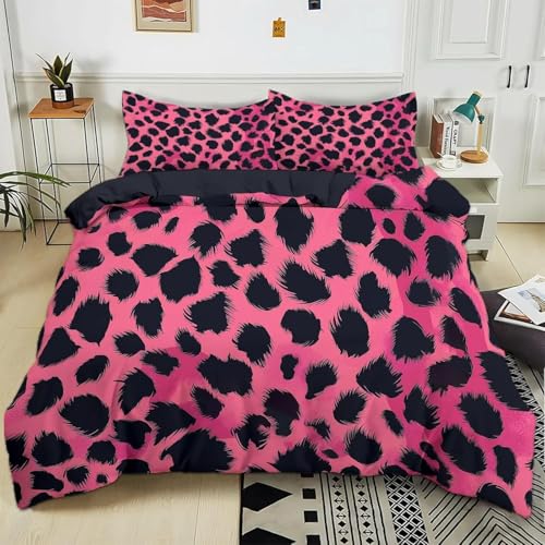 EXSANLIEAY Leopardenmuster Bettwäsche-Sets 200x200 cm Schwarz Und Pink Bettbezug Kreatives 3D Effekt Weich Microfaser Deckenbezug mit Reißverschluss und 2 Kissenbezug 80x80 cm