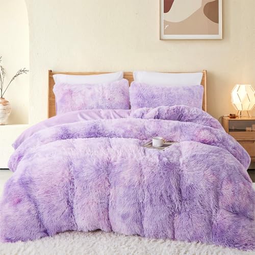 Freyamy Plüsch Bettwäsche 200x200 Winter Violett Langhaar Kunstfell Flauschig Winterbettwäsche Flanell Biber Warme Deckenbezug Cashmere Touch Bettbezug mit Reißverschluss und 2 Kissenbezug 80x80cm