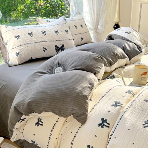 Nayoroom Streifen Bettwäsche 135x200 Mädchen Schwarz Schleifen Blumenweise Bettbezug 2teilig Aesthetic Cute Punkte Kawaii Mikrofaser Wendebettwäsche mit Reißverschluss und 1 Kissenbezug 80x80 cm