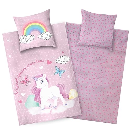 Aminata kids Bettwäsche 135x200 Kinder Einhorn Biber Flanell Baumwolle | rosa - Mädchen | 2- teilige warme & weiche Kinder-Wende-Bettwäsche- Set Regenbogen