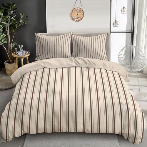 GSAEIMCT Vertikale Streifen Drucken Bettbezug Bettwäsche Set,3D Drucken Bettwäsche-Set Mikrofaser Weiche Mit Reißverschluss Bettbezug Und Kissenbezüge(135X200Cm,C remebraun Landhausstil)