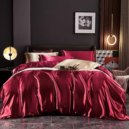 Freyamy Satin Bettwäsche 200x220cm 3teilig Weinrot Uni Seidig Glatt Luxus Bettwaren-Sets Unifarben Seide Glänzend Sommerbettwäsche Kühlender Bettbezug mit Reißverschluss und 2 Kissenbezug 80x80cm