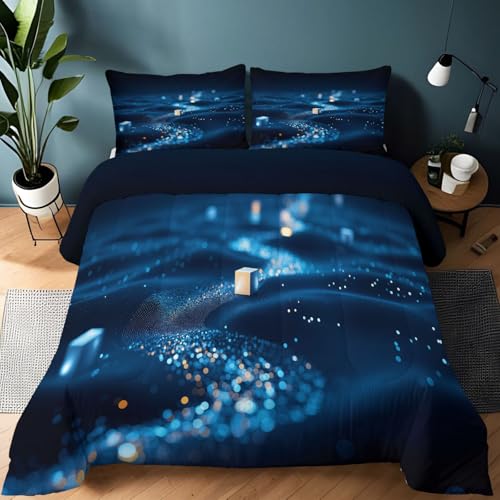 Bettdecke 4-Jahreszeiten Steppdecke 3-teilige Bettwäsche 200 x 200 cm Science Fiction Würfel Punkte Leuchten Weiche Microfaser Steppdecke Winter & Sommerdecke für Erwachsene, Kinder & Allergiker, Blau