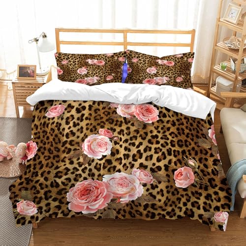NIOYNJIS Bettwäsche Set 100% Baumwolle ist,Leopard Blume Niedlich Rosa Rosa Mix Wildes Tier Leopard Kreativ Moderne Kunst,und allem auch für Personen mit Hautsensibilisierung empfohlen 200x228cm