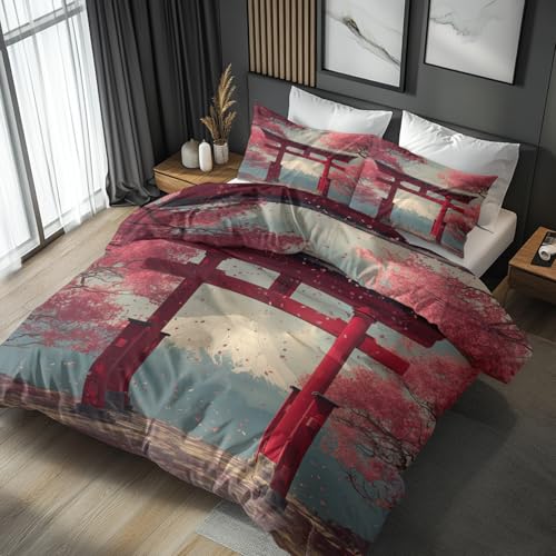 Generisch Bettwäsche 135x200 Japanischer Torii Design, 2tlg - Asiatisch Orientalisch Bettbezug und 1 Kissenbezug 80x80, Mikrofaser Wendebettwäsche mit Reißverschluss, Schlafzimmer Deko T0f56