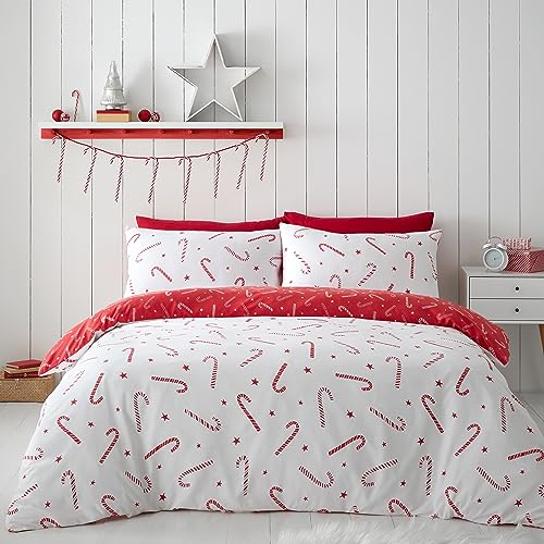 Catherine Lansfield Wende-Bettwäsche-Set für Einzelbett, Motiv: Zuckerstange, Rot/Weiß Catherine Lansfield Wende-Bettwäsche-Set für Einzelbett, Motiv: Zuckerstange, Rot/Weiß