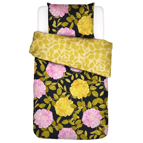ESSENZA Bettwäsche Bloom with A View Schwarz Blumen Blüten Dahlien Bunt Wendesign Gelb Baumwolle Perkal, Größe:155 cm x 220 cm