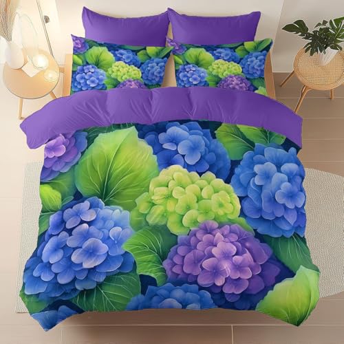 Bettwäsche 135 x 200 cm mit Reißverschluss Kissenbezug, Realistisch Elegant Blumen Hortensie Thema Doppelseitig bedruckter Bettbezug für Jungen Mädchen   Weich bequem Bettbezug Lila