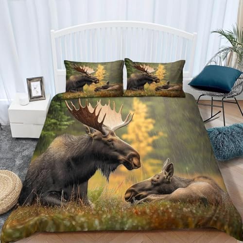 Bettwäsche 200x220 Elch Kuschelig Weiche Mikrofaser Bettwäsche-Sets Tiermuster Bettbezug 200x220 3D Effekt Bettbezüge mit Reißverschluss und 2 Kissenbezüge 80x80 cm C-846