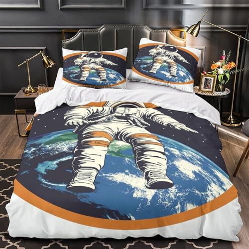 RWKAVZLOP Astronaut schwebt 3D Bedruckt Bettdeckenbezug 3teilig Mikrofaser atmungsaktiv Illustration eines Weltraumabenteuers Bettbezug 2 Kissenbezüge pflegeleicht Erwachsene Familie (135x200cm)