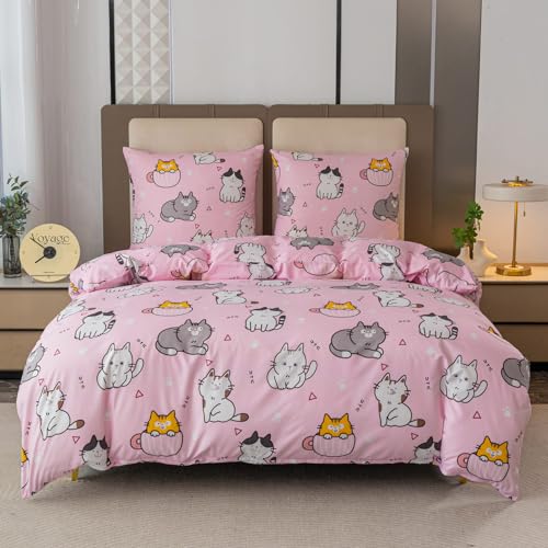 Cotton Market Bettwäsche-Set 3-teilig Bettdeckenbezug 160 x 200 cm mit 2 Kissenbezügen 70 x 80 cm Mikrofaser Katzen-Muster Süßes lustiges Design Pflegeleicht Hautfreundlich