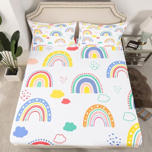 Regenbogen Bettlaken für Kleine Mädchen Zimmer,Bunte Wolke Spannbettlaken Karikatur Irisierende Bettwäsche Set Regenbogen Geschenke für Mädchen,Regenbogen Linien Gestreifte Bettwäsche,90x200x30