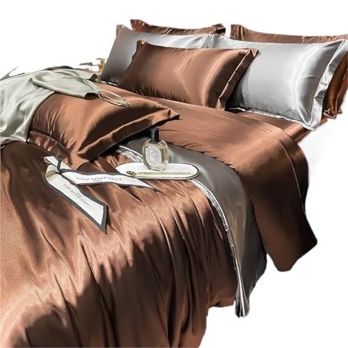 DFGBAPKBL Seidenbettwäsche-Set Bettwäscheset aus massiver Seide mit Bettbezug, Bettlaken, Kissenbezügen, Kingsize, Einzel- und Doppel-Paar-Kissenbezug(D ark Brown,Twin Size 4pcs)