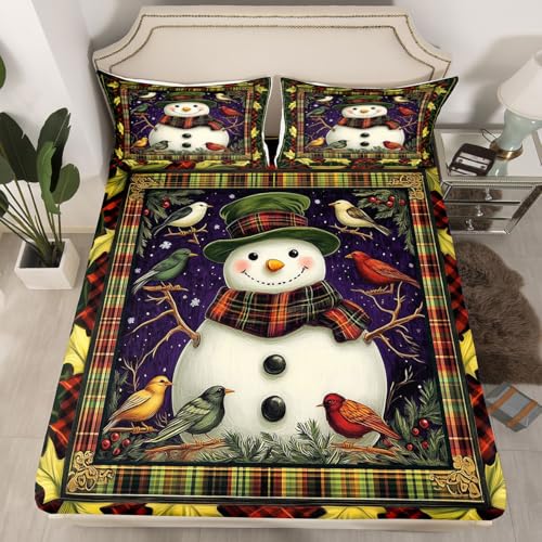 feelingyou Rustikale Weihnachten Einbaublech S Größe Kuscheliger Schneemann Vogel Tier Blätter Bettdeckung, 1 Kissenbezug Grün Rot Kariert Plaid Weihnachten Bettwäsche Set für Jungen