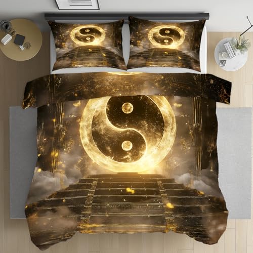 Pggong Yin Yang Tai Chi Psychedelic Deckenbezug 200x220 cm Geometrisch Orientalisch Geheimnis Wendebettwäsche mit 2 Kissenbezüge 80x80 cm Mikrofaser Bügelfreie Bettwäsche mit Reißverschluss