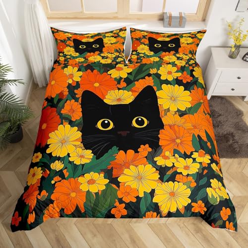 Homewish Schwarze Katze Bettbezug 135x200,Kätzchen Japanischer Stil Mikrofaser Bettwäsche Set für Kinder Mädchen Jungen,Peony Blumen Blumen Tröster Bezug für Bett,Tiere Botanische Bett Set