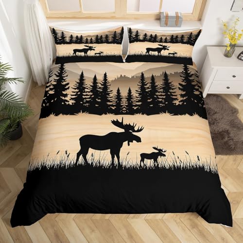 Homewish Rustikale Hütte Bettwäsche Bauernhaus Elch Bettbezug 135x200 Jagd Wildtier Tröster Abdeckung für Kinder Erwachsene,Wald Kiefer Baum Bett Lodge Schlafzimmer Dekor