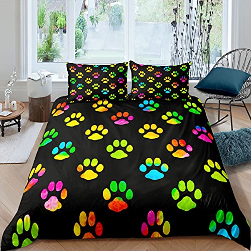 Pfotendruck Muster Bettbezug 135x200cm, Hundeliebhaber Bettwäsche Set, Aquarell Handgezeichnete Pfote Oval Muster Graffiti Stil Tierdekor Bettbezug und 1 Kissenbezug, Schwarz Grün Gelb Rosa