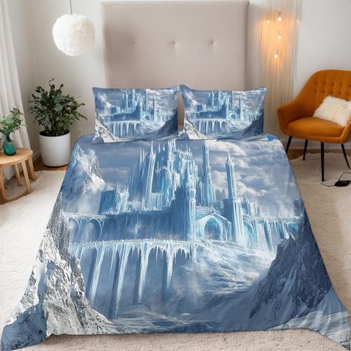 Generisch Eisschloss Bettwäsche 150x200 cm 3 Teilig Bettbezug Schneeberg-Eispalast Bettwäsche-Sets Microfaser Weich und Bügelfrei Bettbezug mit Reißverschluss und 2 Kissenbezug 80x80 cm