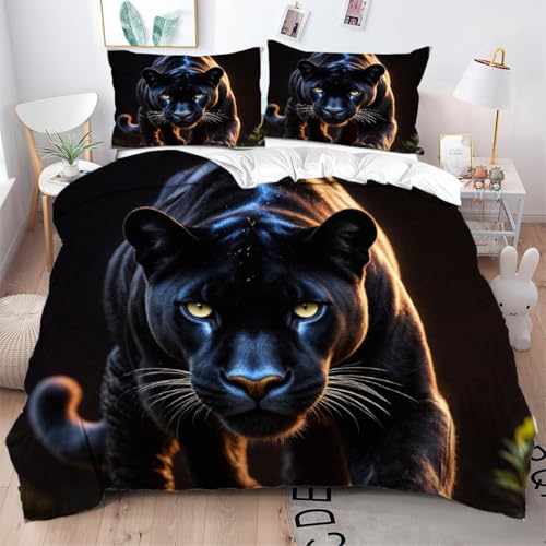 Gumntun Bettwäsche 200×200 cm Schwarzer 3D-Leopard-Erwachsener, 3D Gedruckter Bettbezug-Set für Doppelbett, Leicht & Atmungsaktiv Steppdeckenbezug mit 2 Kissenbezug 80x80 cm_B7919