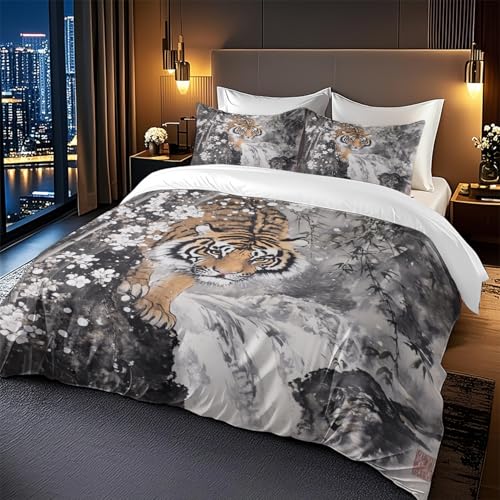 Bettbezug 200 X 230 Tier Tiger Bettbezüge-Sets 3 Teilig Mikrofaser Bettbezug Mit Reißverschluss Und 2 Kissenbezug 80X80Cm, Jugendliche,Bettwäsche-S ets Modern